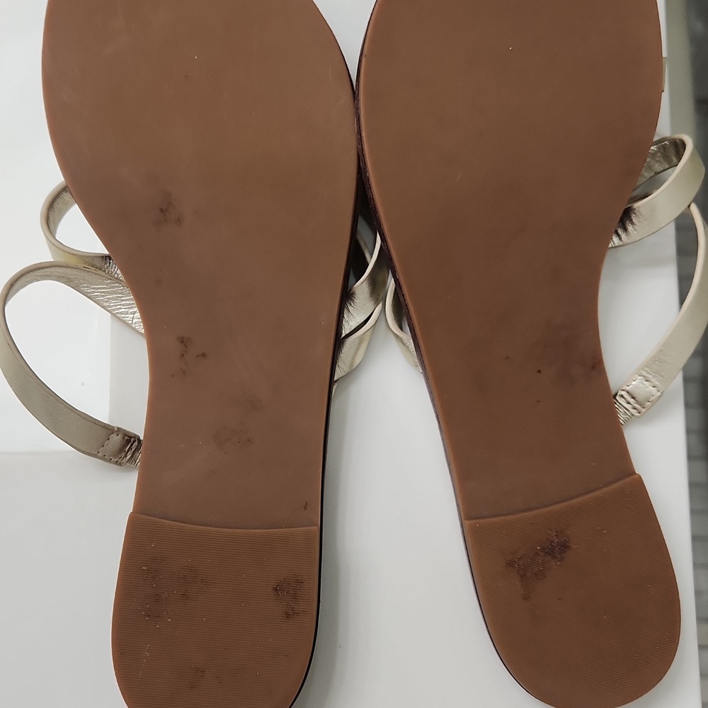 Tory Burch Gold Strappy Leather Sandals with Brown Footbed - Picture 8 of 11